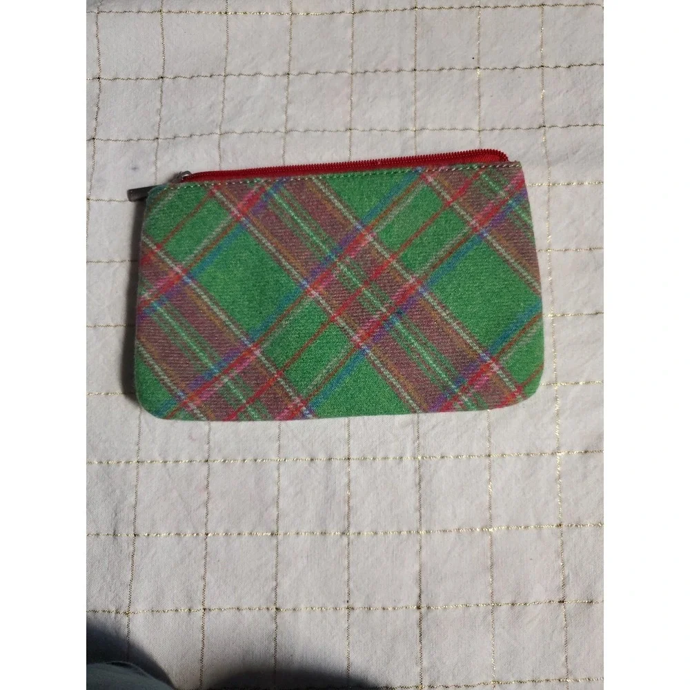 NESS Scotish Wool‎ Blend Makeup Bag Green Pink Tartan Floral Applique 8.5x5.5